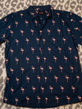 Navy Short-Sleeve Button-Down Shirt with Pink Flamingo Print XL